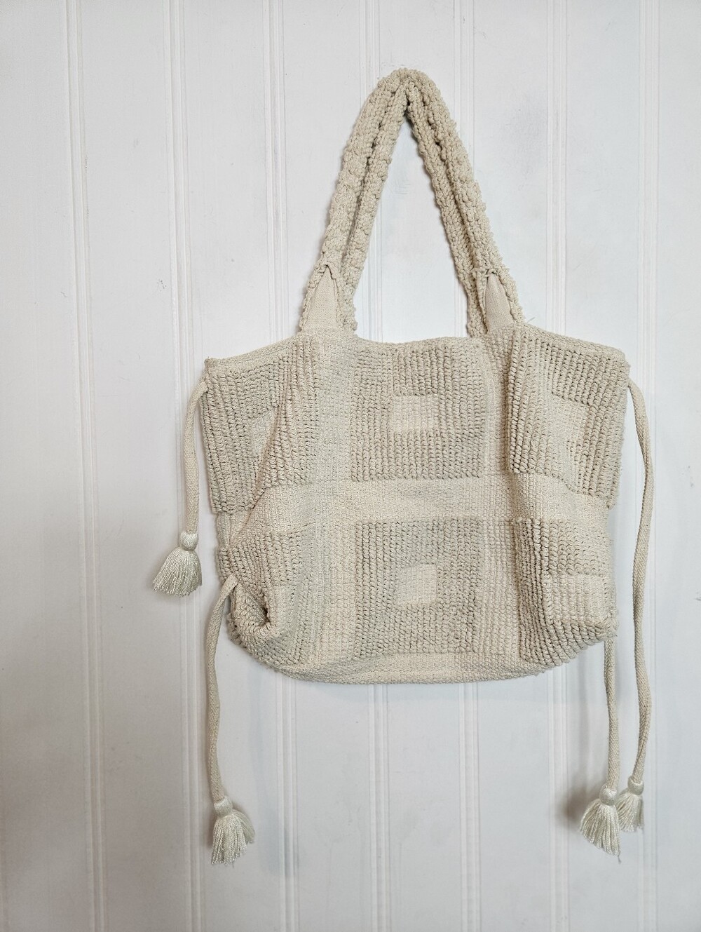 Lovestitch Tote OS Chunky Crochet Bubble Knit Tassel Beach Boho Cream Bag - Picture 5 of 15